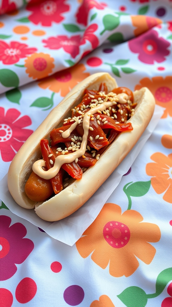 A hot dog topped with kimchi and spicy mayo on a colorful floral tablecloth.