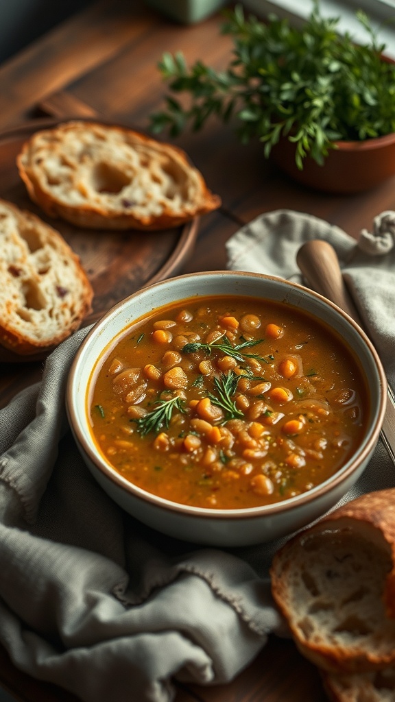 A bowl of lentil soup garnished with herbs, accompanied by slices of rustic bread.