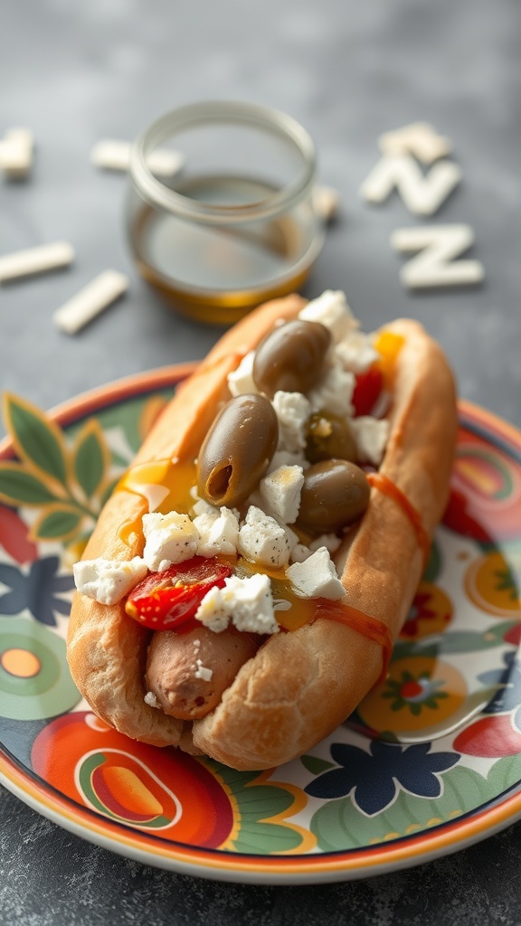 A Mediterranean hot dog topped with feta cheese, olives, and tomatoes on a colorful plate.