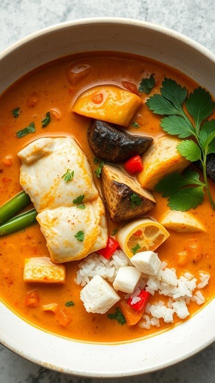 A bowl of Coconut Curry Fish Stew with fish, vegetables, and rice