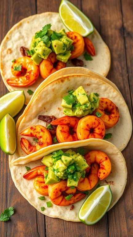 Three spicy shrimp tacos topped with avocado salsa and lime wedges on a wooden table.