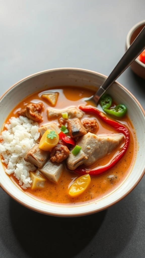 A bowl of Bicol Express with pork, coconut milk, rice, and colorful peppers.