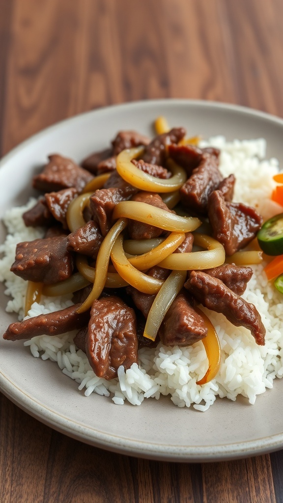 A plate of Bistek Tagalog with beef, onions, and rice.