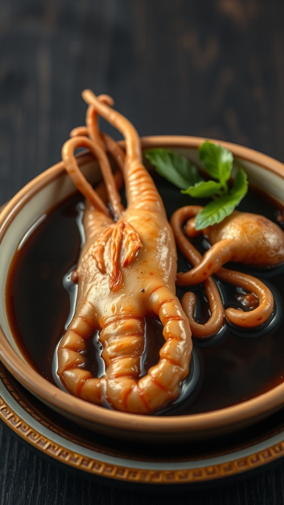 A bowl of Adobong Pusit featuring squid in a savory sauce.