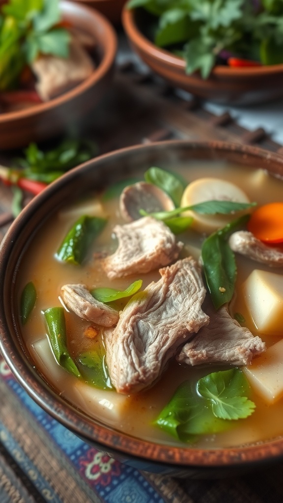 A bowl of Sinigang na Baboy with pork, vegetables, and broth.