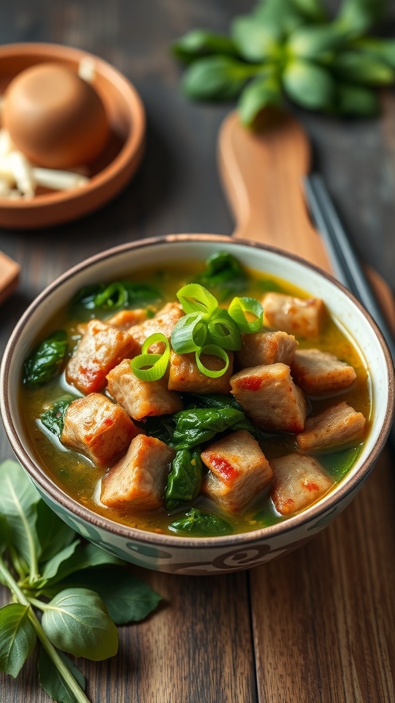 A bowl of Ginisang Munggo with mung beans, spinach, and meat.