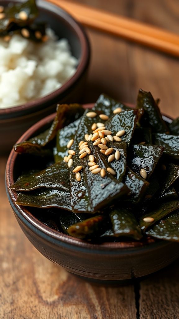 A bowl of seaweed tsukudani with sesame seeds, next to a bowl of rice on a wooden table.