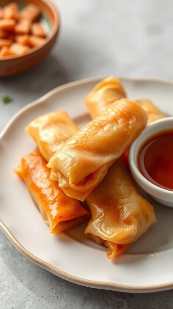 Plate of Lumpiang Shanghai spring rolls with dipping sauce