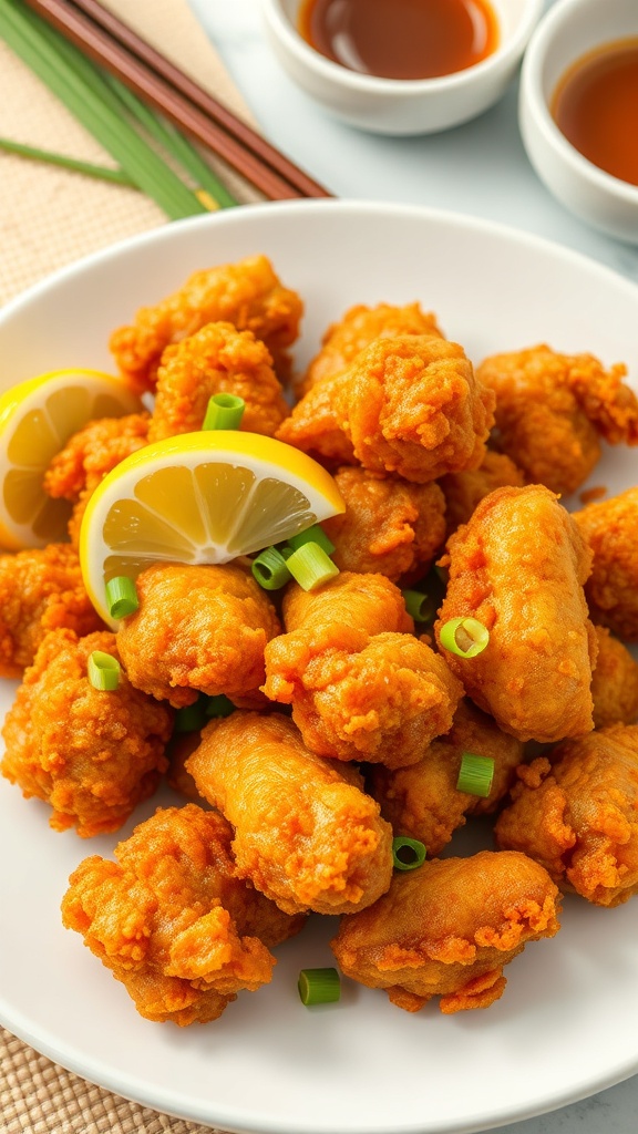 Crispy chicken karaage served with lemon wedges and green onions on a plate, set in a traditional Japanese dining setting.