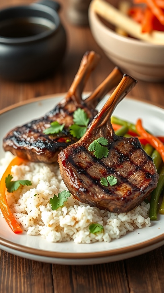 Grilled lamb chops with cilantro, rice, and vegetables on a rustic table.