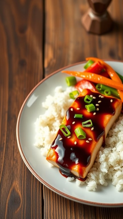 Teriyaki-glazed mahi mahi fillets garnished with sesame seeds and green onions, served with rice and vegetables.