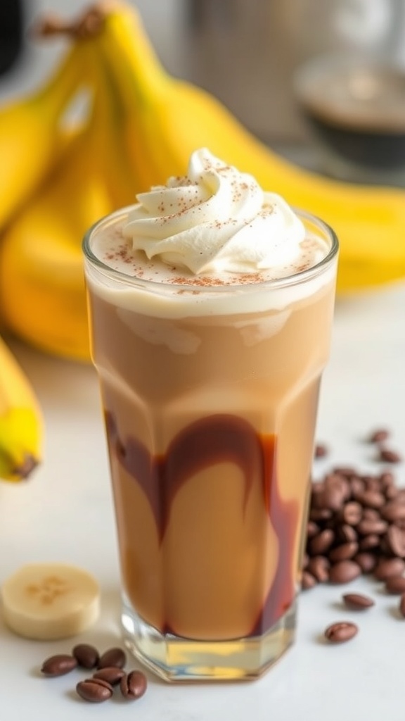 A glass of banana iced coffee topped with whipped cream and cinnamon, surrounded by bananas and coffee beans.