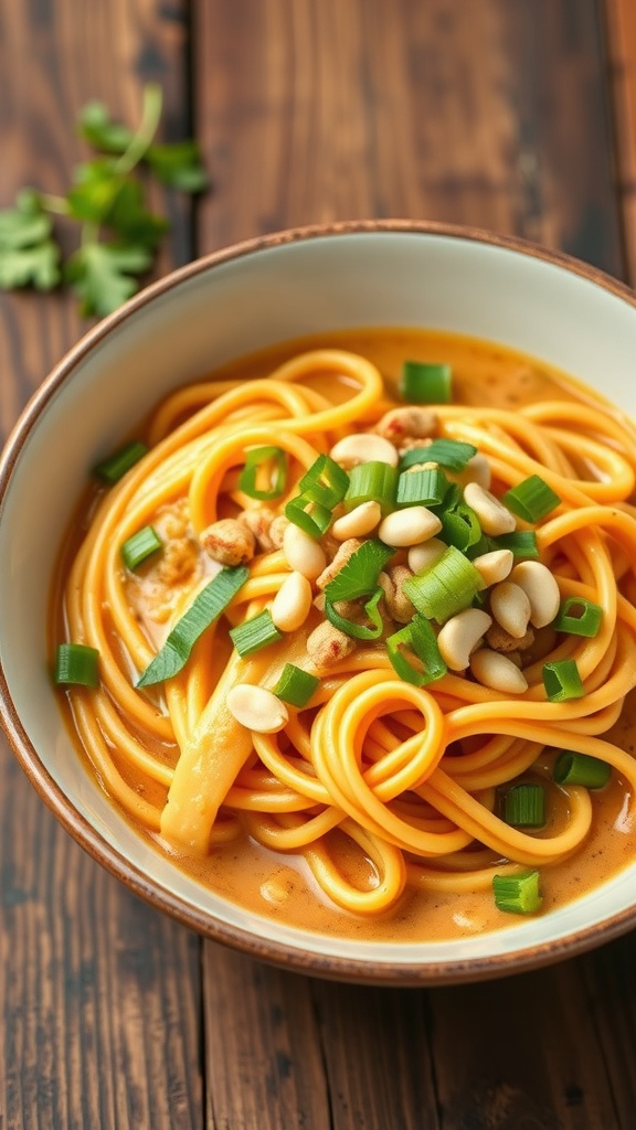 A bowl of spicy peanut butter ramen with green onions and crushed peanuts, served on a rustic table.