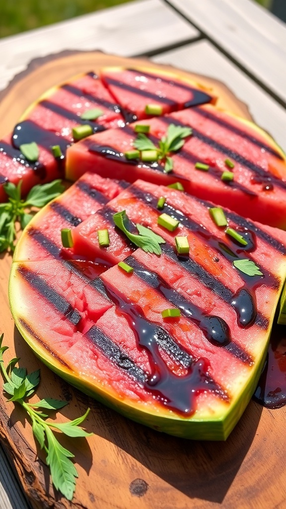 Grilled Watermelon Steak Recipe Grilled watermelon steak garnished with herbs and balsamic glaze on a wooden platter.