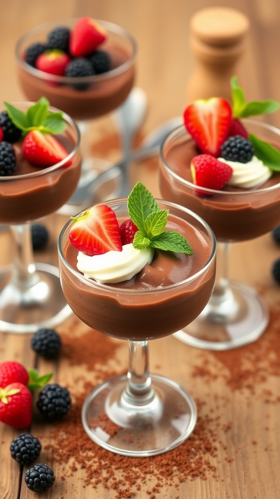 Creamy Avocado Chocolate Mousse Recipe Creamy avocado chocolate mousse in glass cups, garnished with berries and coconut whipped cream.