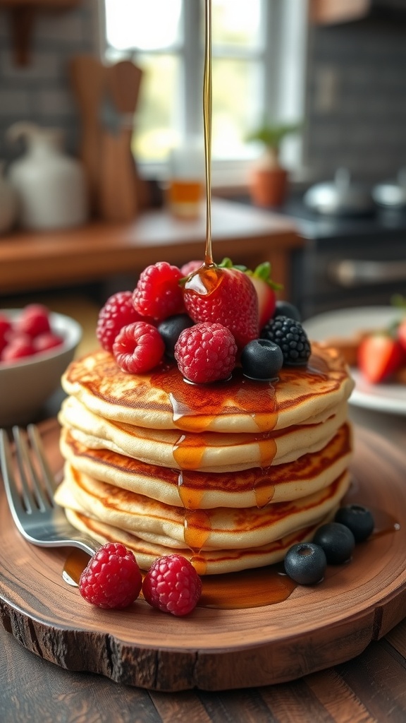 High Protein Cricket Flour Pancakes Fluffy cricket flour pancakes stacked with berries and syrup on a wooden plate.
