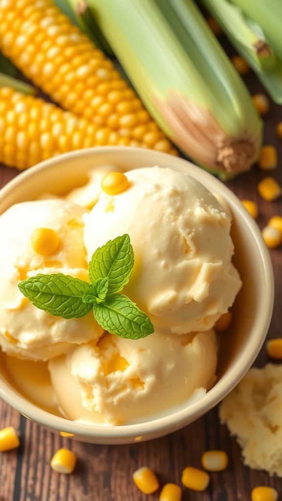 Homemade Corn Ice Cream Recipe A bowl of homemade corn ice cream with corn kernels and mint, on a rustic table with fresh corn.