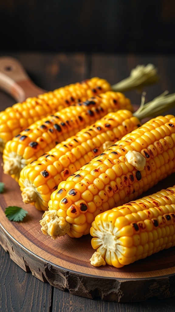 Grilled corn on the cob with chili lime butter on a wooden platter.