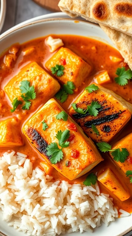 A bowl of fish tikka masala with grilled fish in creamy sauce, garnished with cilantro, served with rice and naan.