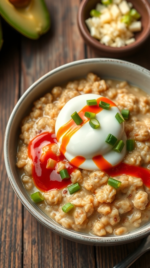 Savory oatmeal bowl with poached egg and sriracha, garnished with green onions on a rustic table.