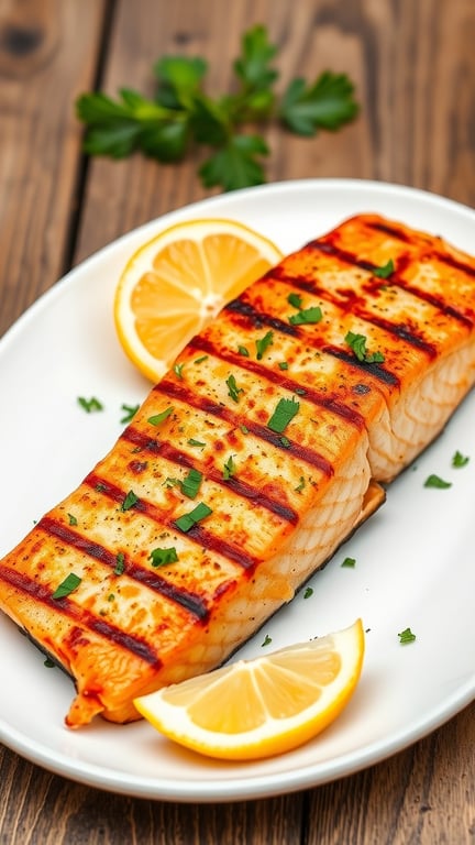 Lemon Herb Grilled Salmon Recipe Grilled salmon fillet with herbs and lemon wedges on a white plate.