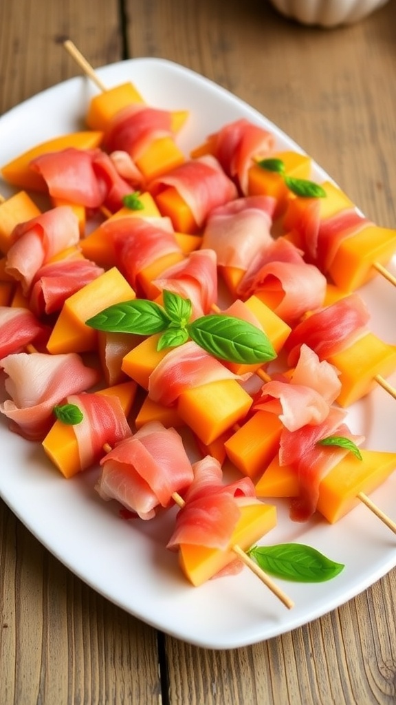 A platter of prosciutto-wrapped cantaloupe skewers with basil on a rustic table.