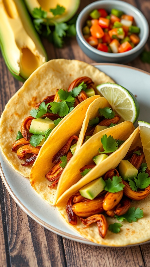 Savory Banana Blossom Tacos Recipe Savory banana blossom tacos with cilantro and avocado on a wooden table.