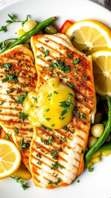 Herb-crusted trout fillets with lemon butter sauce, garnished with herbs and lemon wedges on a plate.
