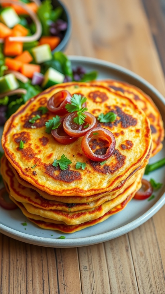 Savory chickpea pancakes topped with pickled shallots and herbs on a rustic plate.