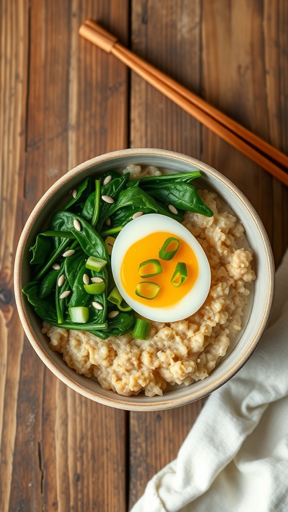 Savory Miso Oatmeal with Spinach and Soft Egg Savory miso oatmeal with spinach and soft-boiled egg in a bowl, garnished with green onions and sesame seeds on a wooden table.
