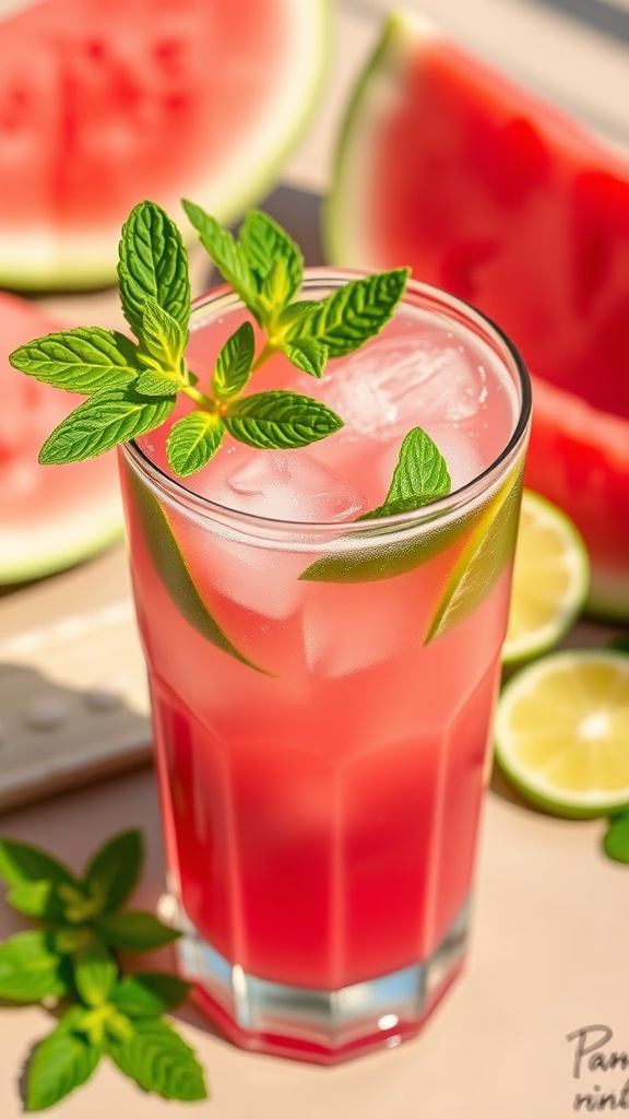 Refreshing Watermelon Mint Cooler Recipe A glass of watermelon mint cooler with mint garnish and ice, surrounded by watermelon and lime slices.