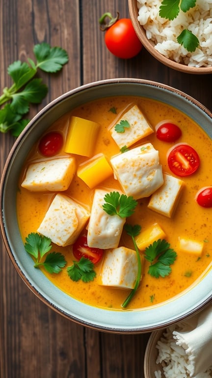 A bowl of coconut curry fish stew with fish, bell peppers, and tomatoes, garnished with cilantro, served with rice on a wooden table.