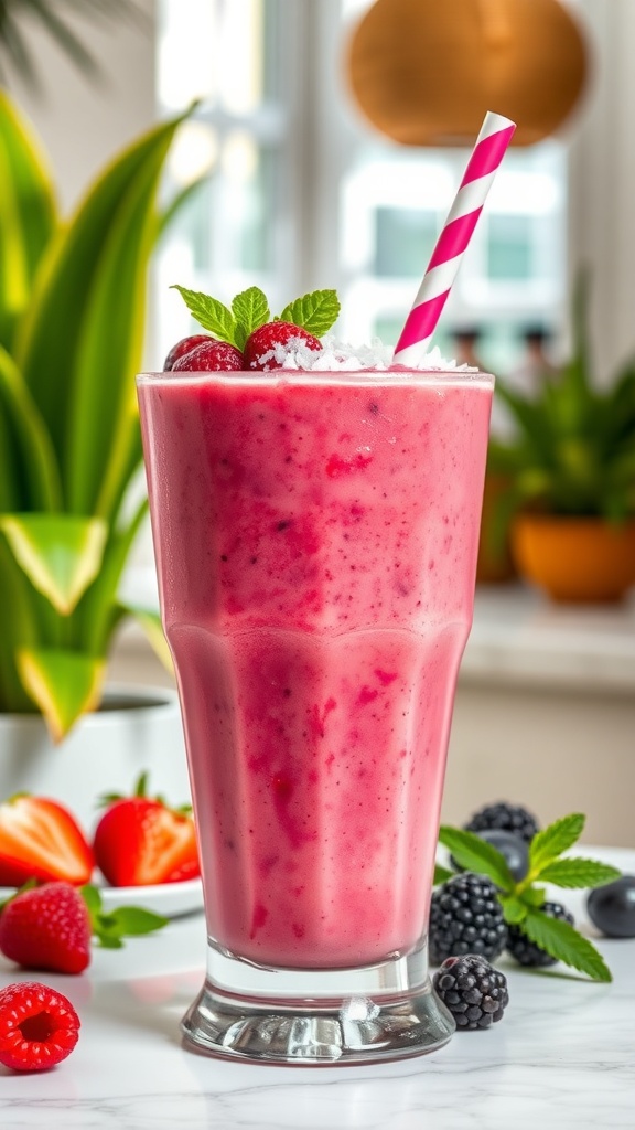 Tropical Berry Coconut Smoothie Recipe A colorful berry coconut smoothie in a glass, garnished with berries and coconut flakes, set in a bright kitchen.
