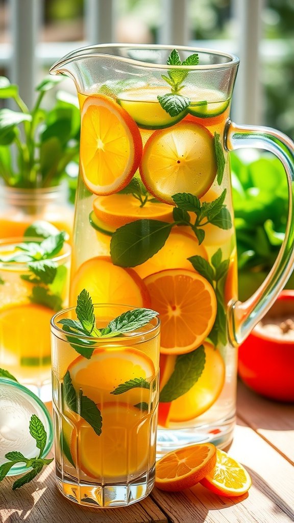 Citrus Herb Infused Water Recipe A pitcher of citrus herb infused water with lemon, orange, cucumber, and herbs on a wooden table.