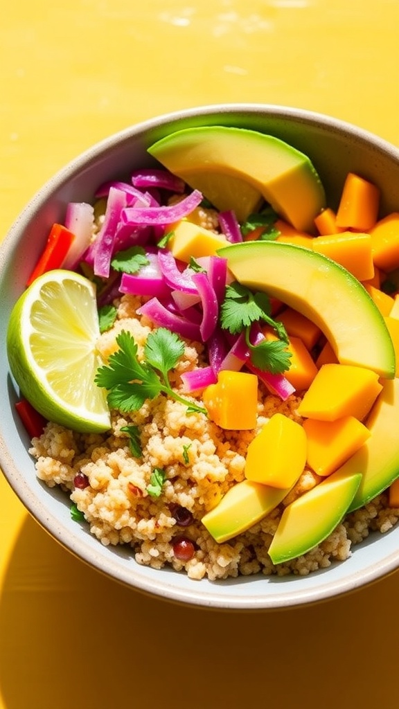 A vibrant mango avocado quinoa bowl with quinoa, mango, avocado, and vegetables, garnished with cilantro and lime.
