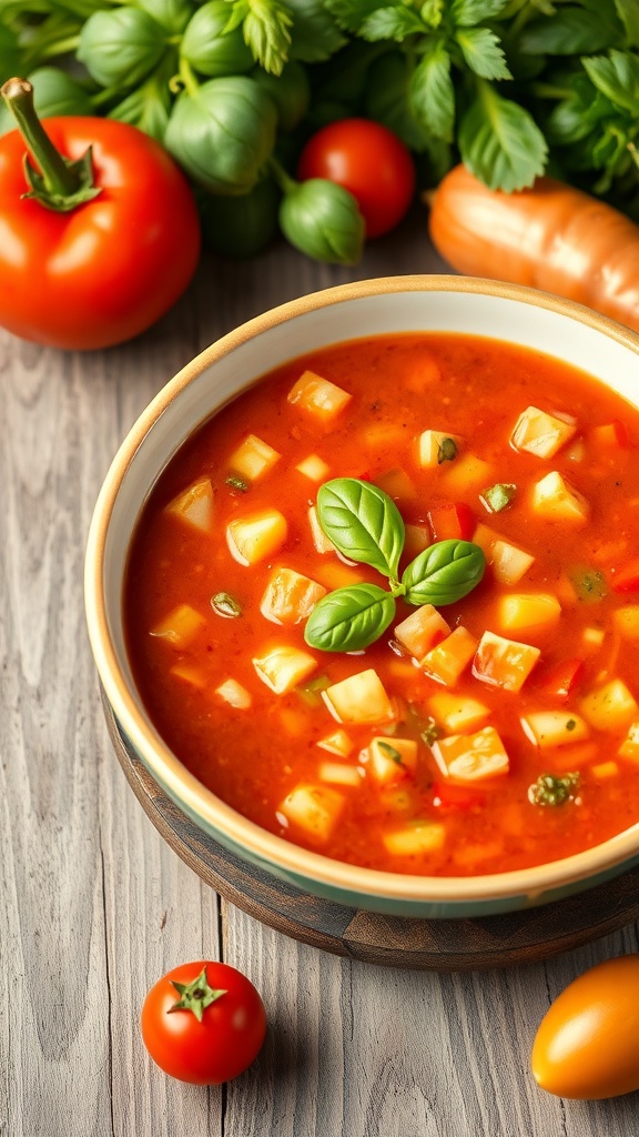 A bowl of refreshing summer gazpacho with tomatoes, cucumbers, and herbs, garnished with basil, on a rustic table.