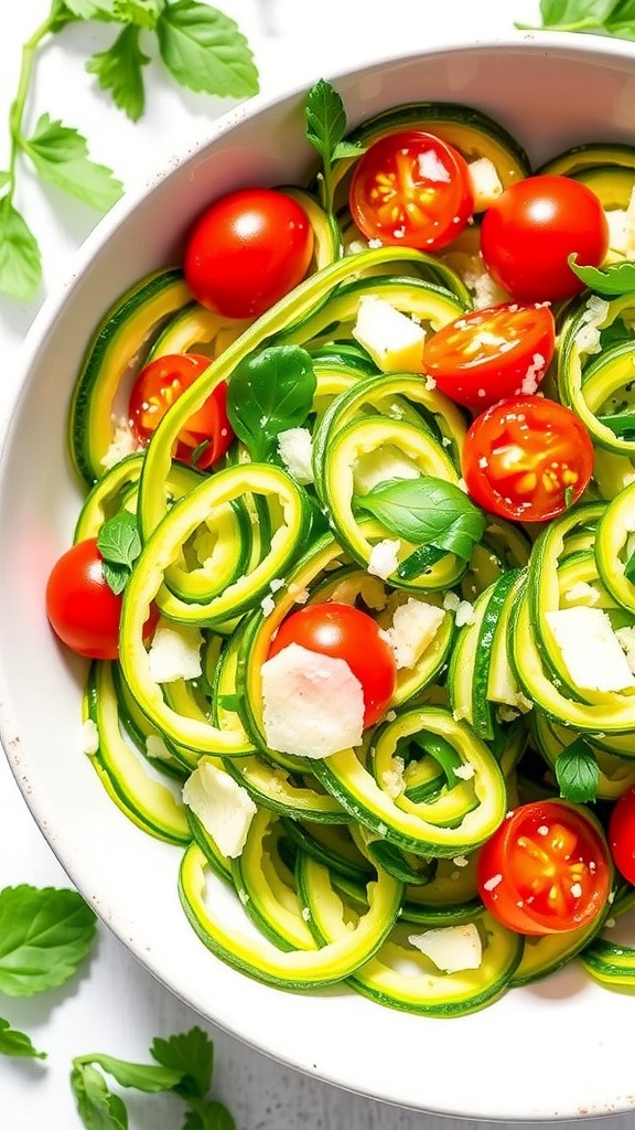 A refreshing zucchini ribbon salad with lemon, garnished with cherry tomatoes and herbs, in a bright bowl.