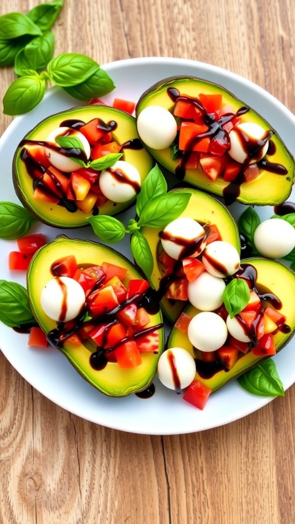 Caprese Stuffed Avocados Recipe Caprese stuffed avocados filled with tomatoes, mozzarella, and basil, drizzled with balsamic glaze on a rustic table.