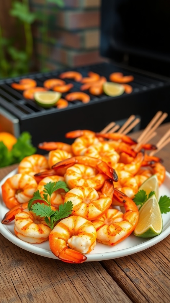 Grilled citrus marinated shrimp skewers on a plate, garnished with parsley and citrus slices, ready for serving at a summer BBQ.