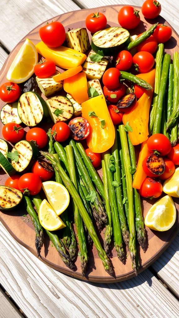 Grilled Vegetable Platter with Herb Sauce A colorful grilled vegetable platter with zucchini, bell peppers, cherry tomatoes, and asparagus, drizzled with fresh herb sauce on a wooden board.