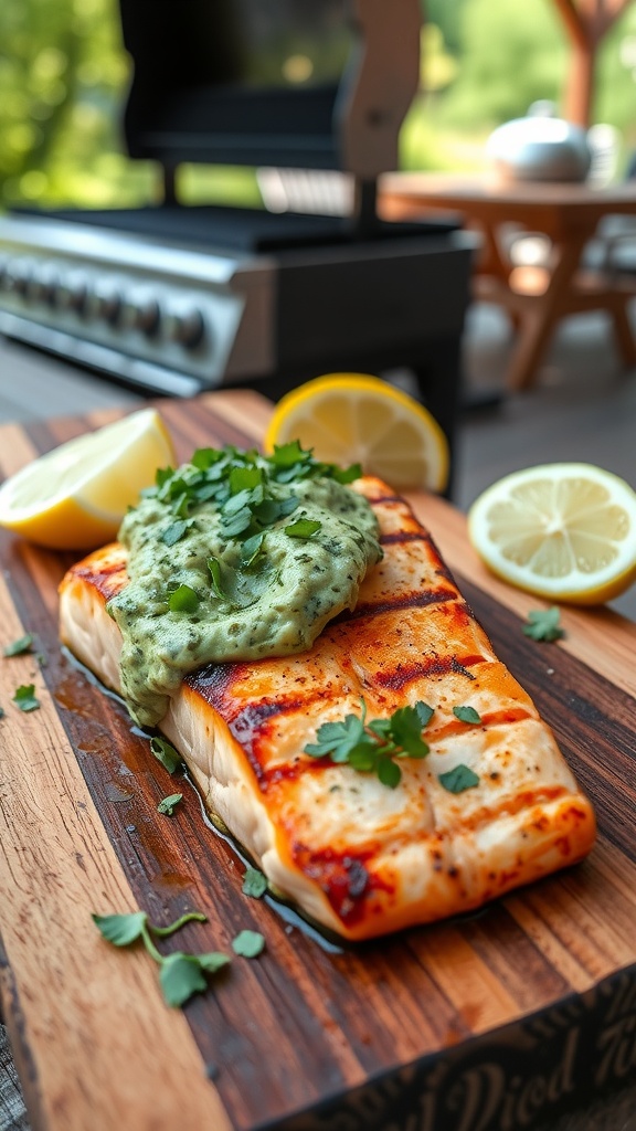 Cedar Plank Salmon with Herb Butter Recipe Grilled cedar plank salmon with herb butter, garnished with herbs and lemon on a wooden plank.