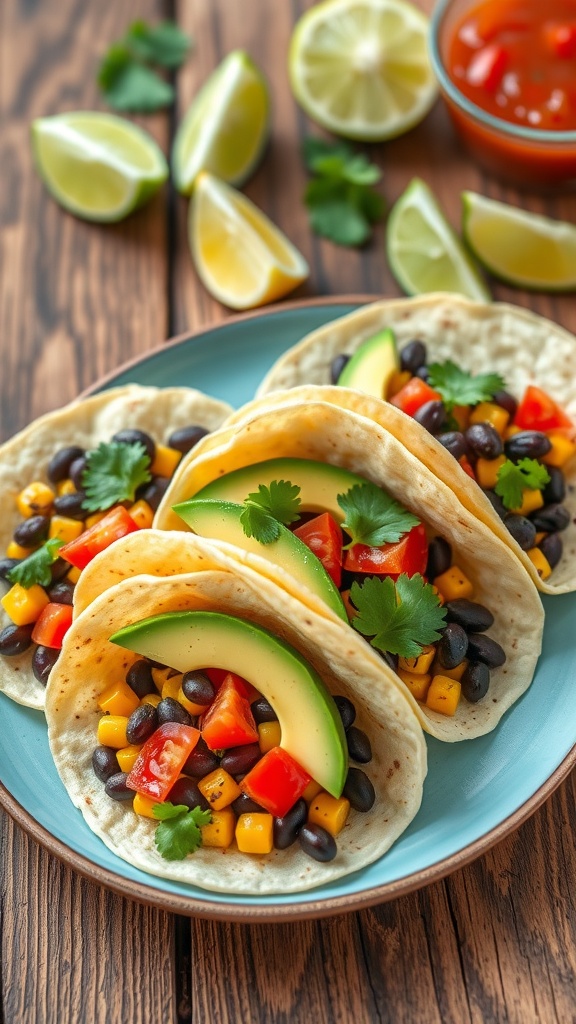 Grilled Corn and Black Bean Tacos Recipe Grilled corn and black bean tacos with avocado and tomatoes on a rustic table with lime and salsa.