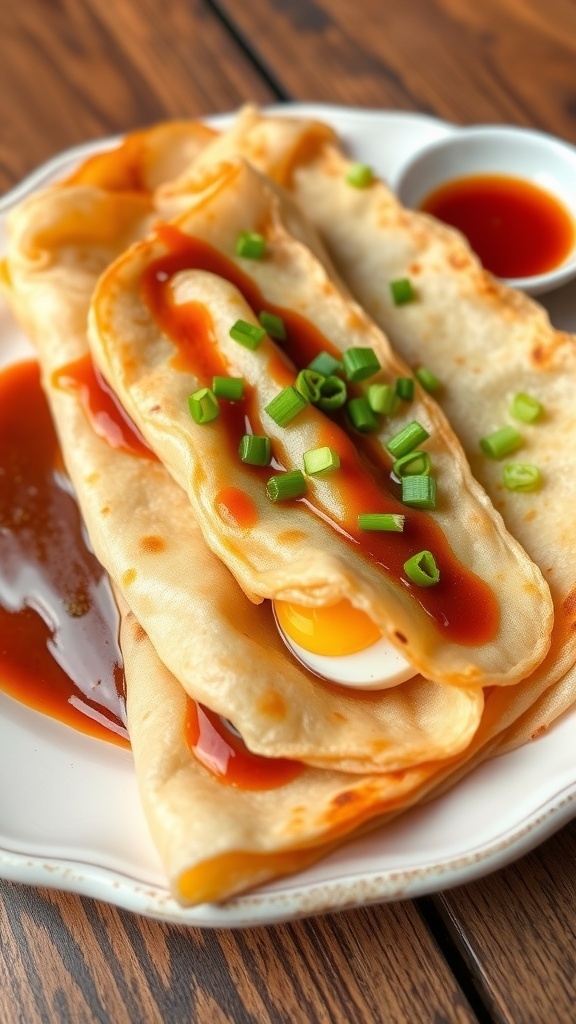 Authentic Jianbing Recipe - Chinese Street Food Crepe Crispy Jianbing crepes filled with egg and youtiao, garnished with green onions, served on a wooden table.