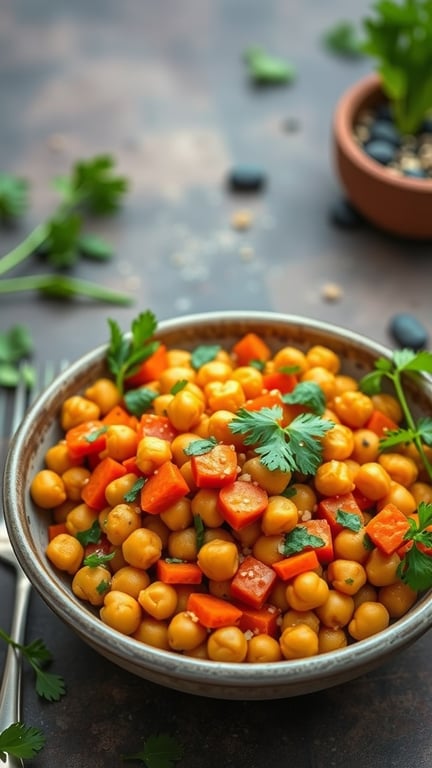 A bowl of spicy carrot and chickpea salad with fresh cilantro and diced carrots.