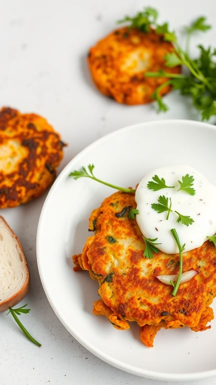 A plate of carrot and zucchini fritters topped with yogurt and garnished with fresh herbs, with additional fritters in the background.
