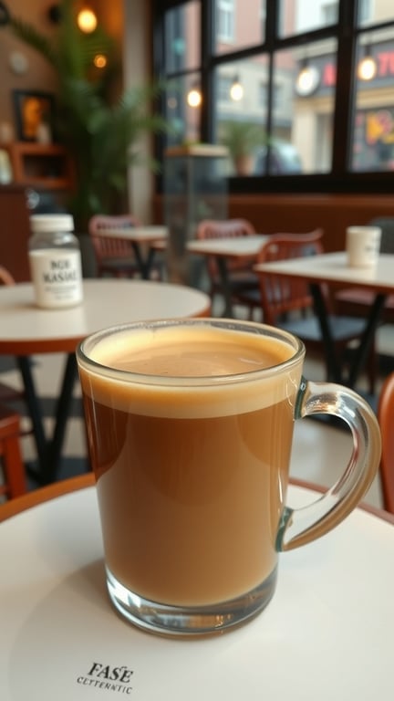 A mug of classic French Café au Lait on a table in a cozy café setting.