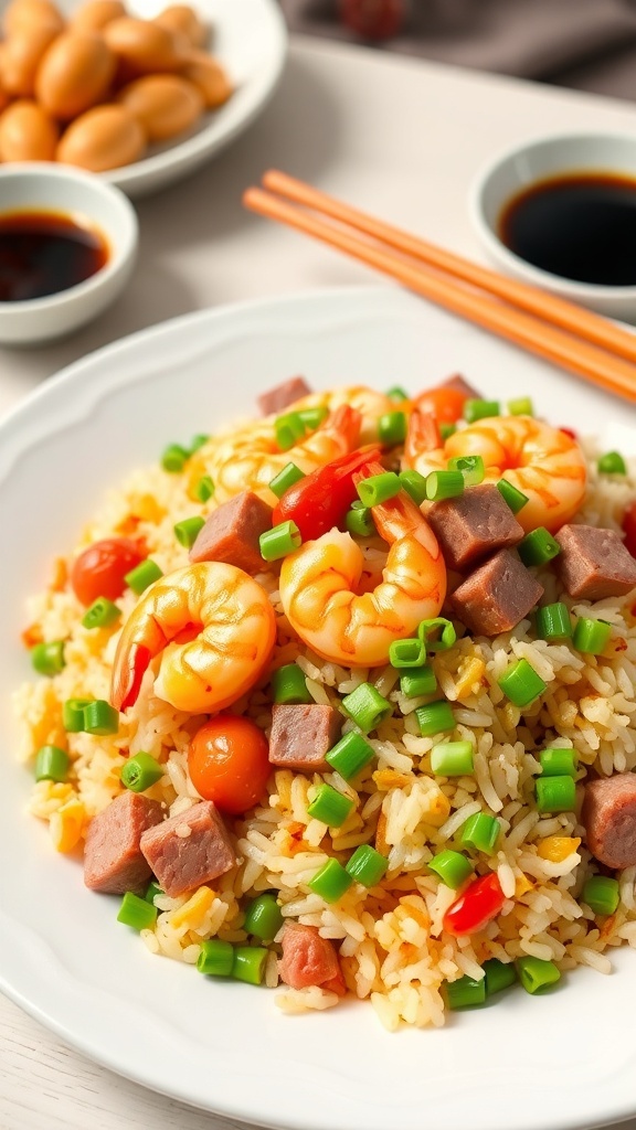 A plate of Yangzhou Fried Rice with shrimp, peas, and sausage, garnished with green onions.
