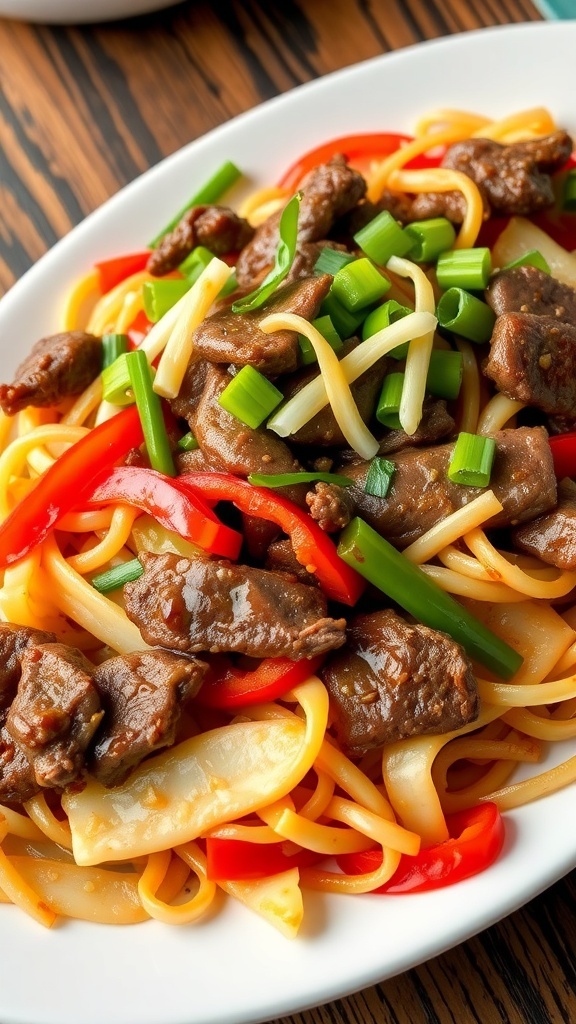 A plate of Beef Chow Fun with stir-fried rice noodles, beef, bell peppers, and bean sprouts, garnished with green onions.