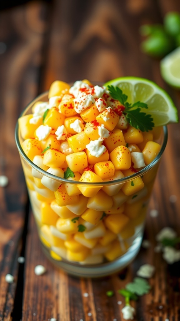 Mexican Street Corn Salad (Esquites / Elote en Vaso) A colorful cup of esquites with corn, mayo, cotija cheese, and lime on a rustic table.