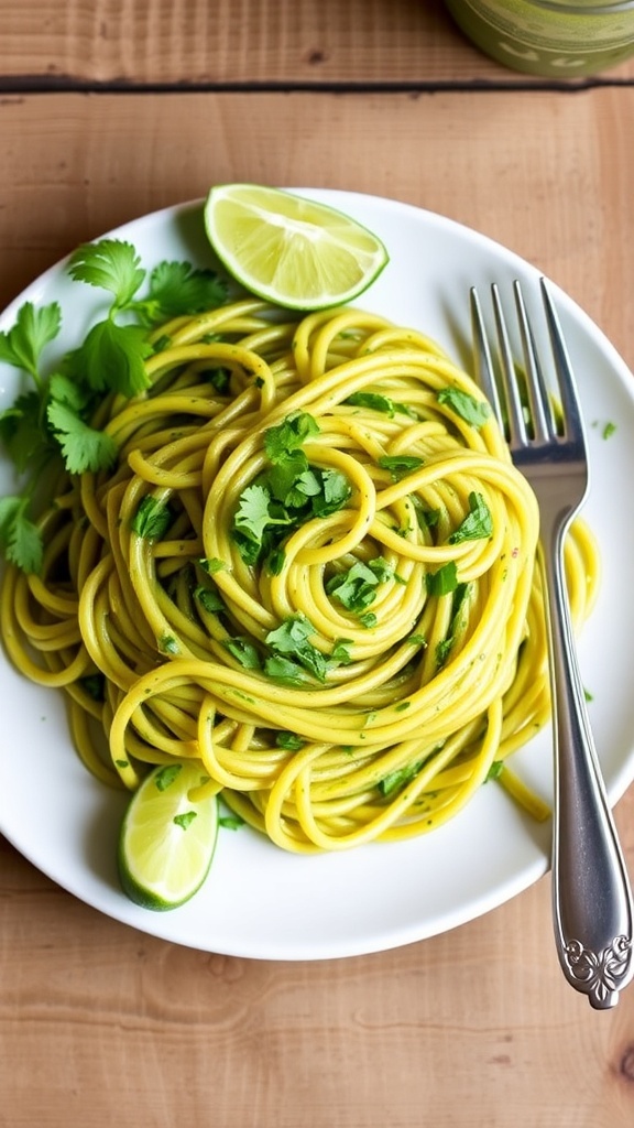 Creamy poblano green spaghetti garnished with cilantro and lime on a rustic table.